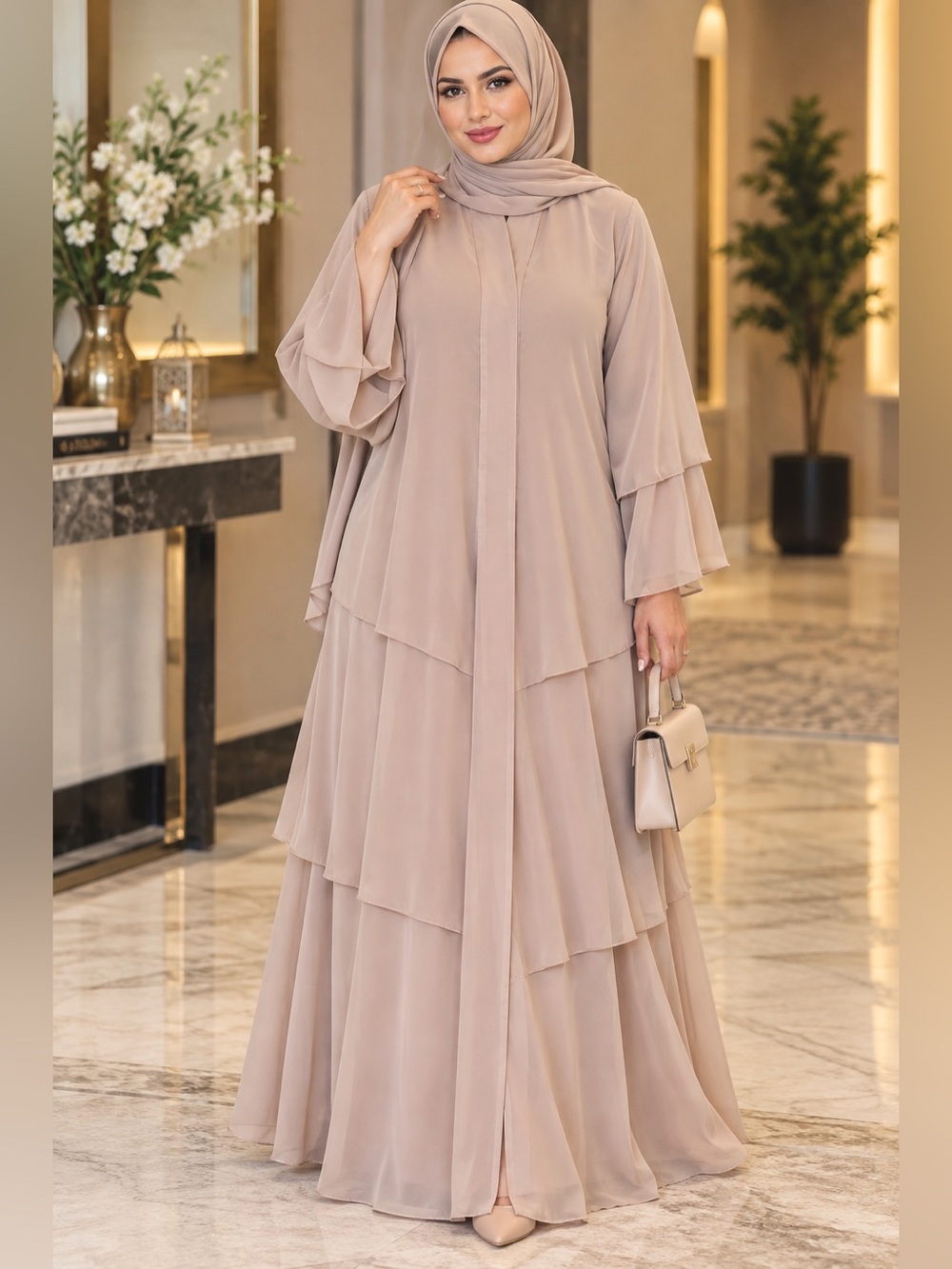 Elegant Layered Modest Dress in Taupe open front abaya